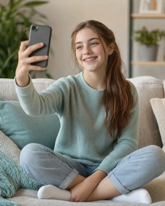 Teen taking a photo of her smile for a remote check-in