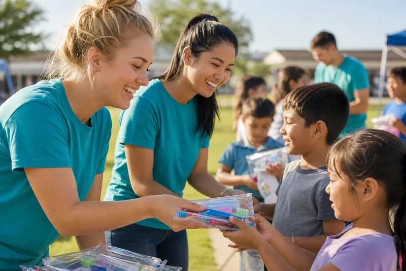 Orthivaro volunteers in teal shirts handing toothbrush kits to smiling kids at an outdoor school event