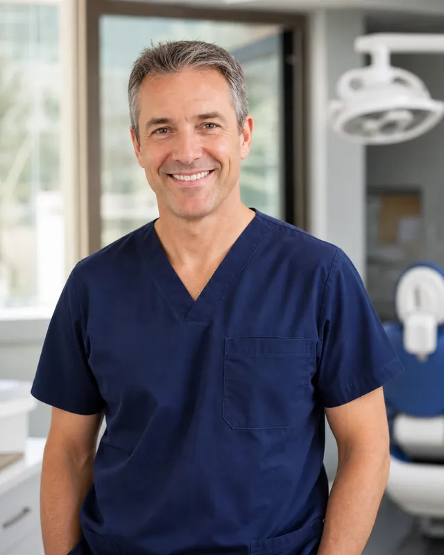 Smiling Orthivaro orthodontist in navy scrubs at the clinic