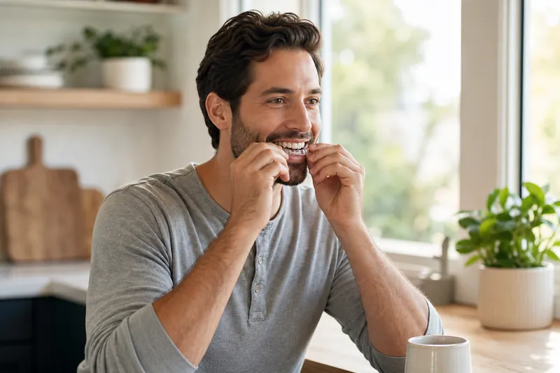 Man at home putting in a clear aligner