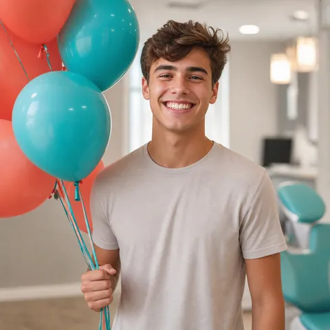 Young man celebrating his braces-off day with balloons