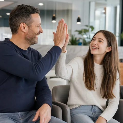 Father and daughter giving a high-five at the clinic