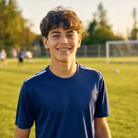 Teen athlete with braces on a soccer field