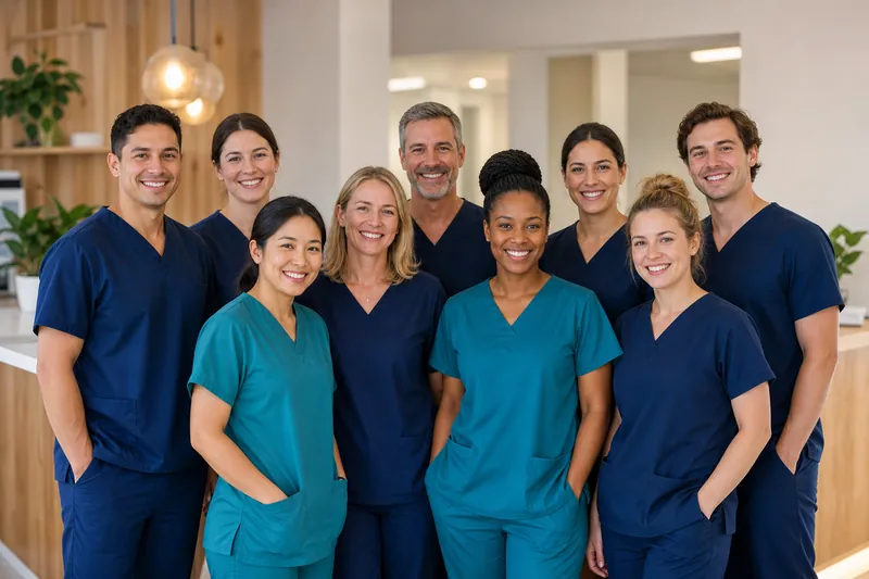 Orthivaro clinical team smiling together in a bright clinic lobby